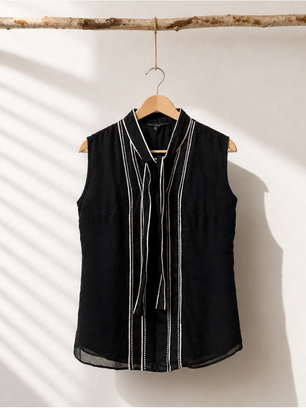 Whbm Sleeveless Black Tie-Neck Blouse with White Trim - Women Tops